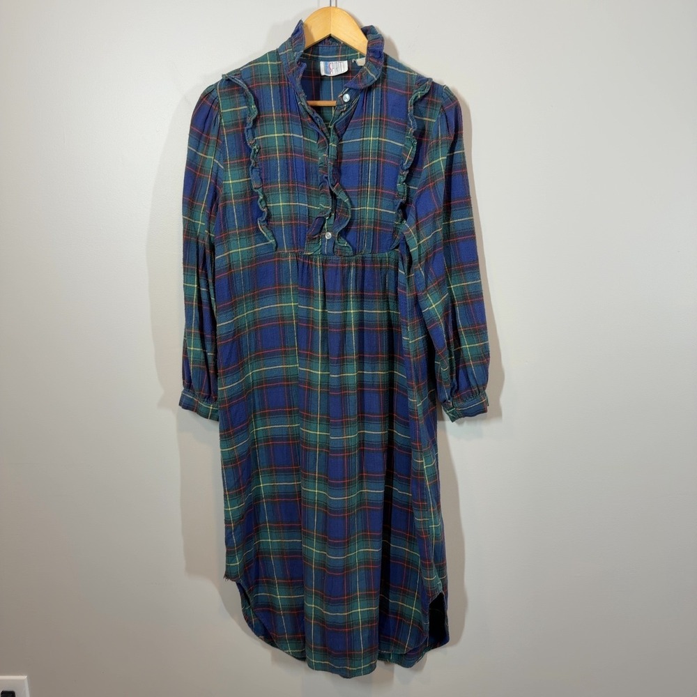 Bold Spirit Blue Green Plaid Flannel Ruffle Front Midi Dress Long Sleeve Size M